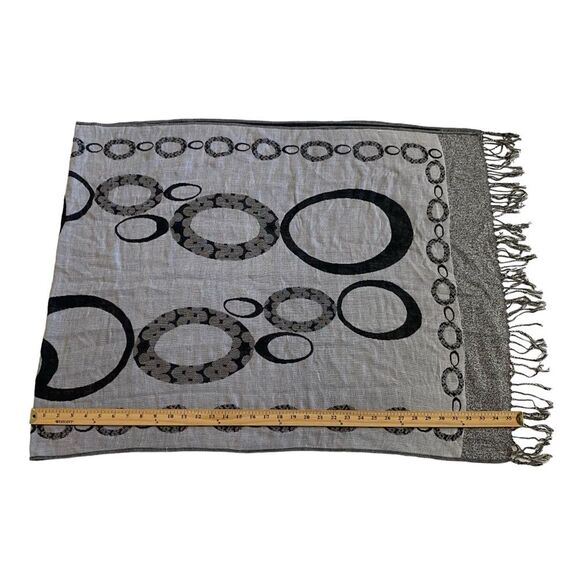 Vintage Pashmina Silk Oversized Fringed Scarf Wrap Abstract Print Black - Picture 3 of 6